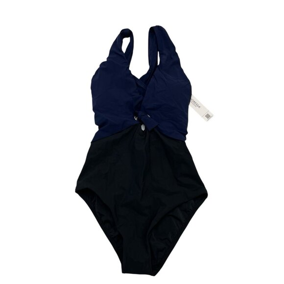 Amoressa Swimsuit Womens 10 Copernicus Halley Plunge One Piece Black Blue Beach - Picture 1 of 12